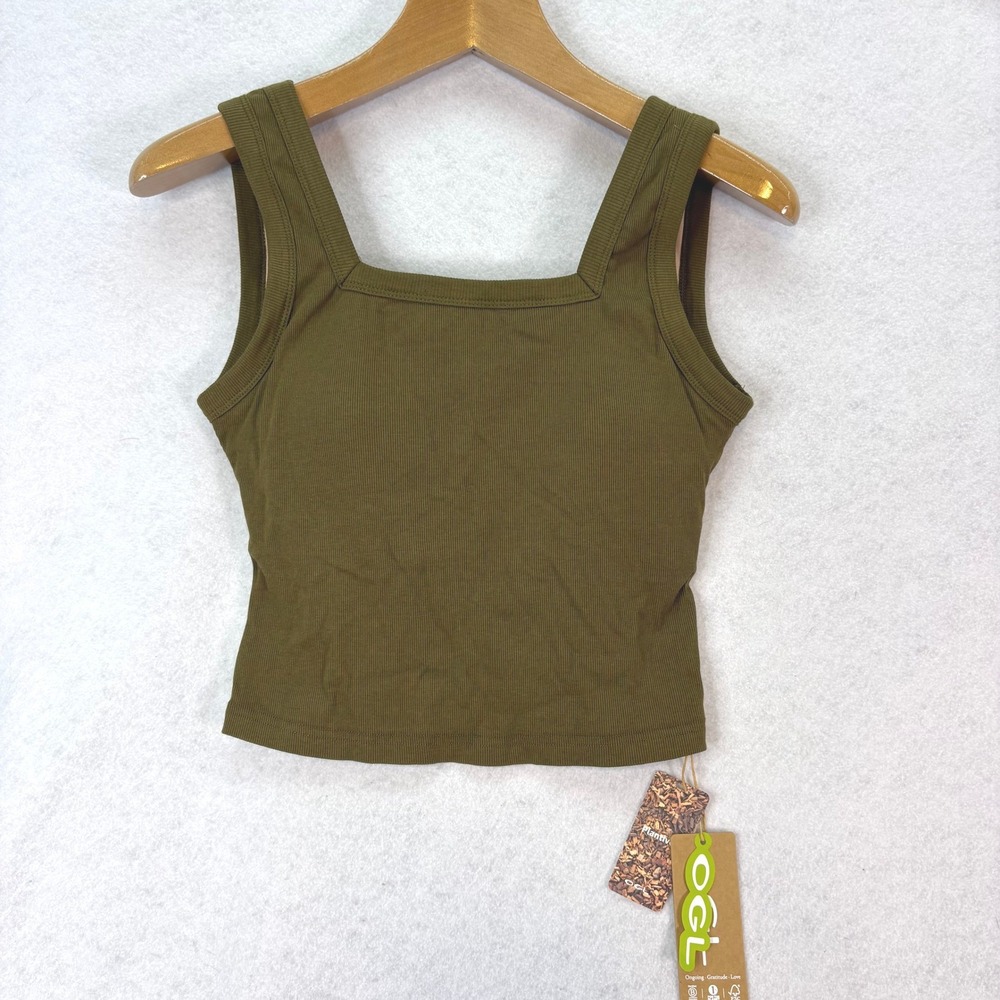 OGL Ribbed Bramie Crop Tank Top Olive Green Women M Minimalist Eco-Friendly Yoga